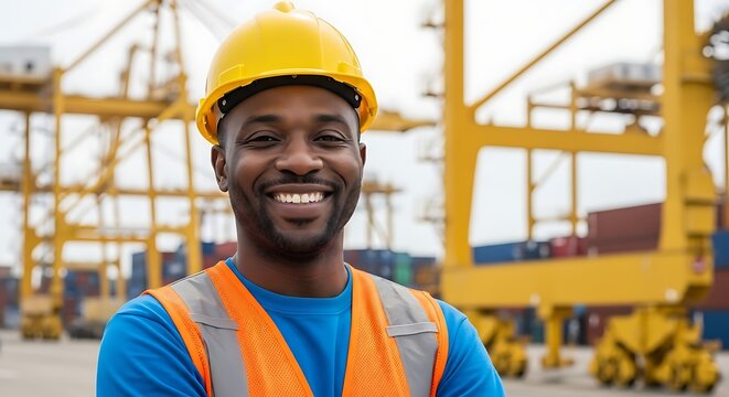 Smiling dock worker wearing a hard hat and safety vest at a shipping port, ready to work and manage operations