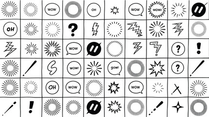 Grid of 64 hand-drawn black and white comic style speech bubbles and symbols vector