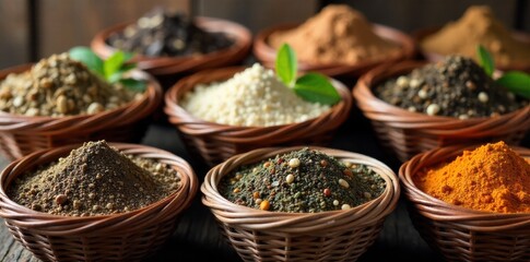 Fototapeta premium Woven Baskets with Dried Herbs Several hand woven wicker baskets overflowing with various dried herbs and spices. The scene is set against a rustic wooden backdrop, with soft, warm lighting