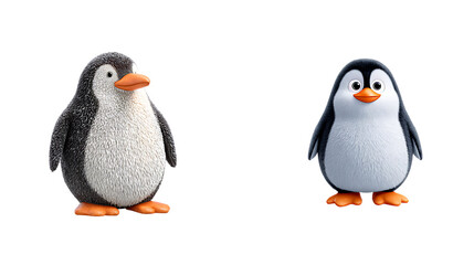 Fototapeta premium Two charming cartoon penguins with different textures and expressions, standing, isolated on white isolated on transparent background