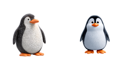 Two charming cartoon penguins with different textures and expressions, standing, isolated on white isolated on transparent background