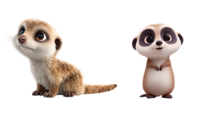 Adorable cartoon baby meerkats with big eyes, one looking up, isolated on transparent background