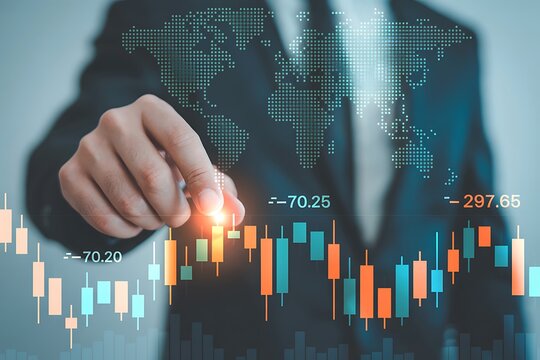Graphs and world financial markets data. Investor pointing at the candlestick chart.