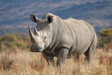 Obraz premium Whiterhino standing in tall grass in a natural landscape during daylight with a scenic backdrop of hills and trees