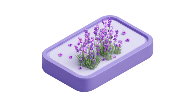 Isometric 3d rendering of vibrant lavender flowers growing in a modern purple rectangular planter, isolated on transparent background