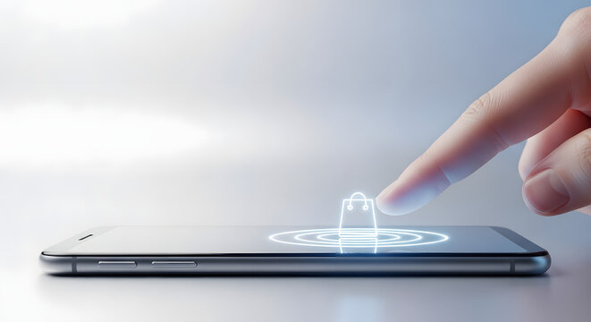 Finger tapping shopping bag icon on modern smartphone for easy online purchase and convenient mobile shopping experience