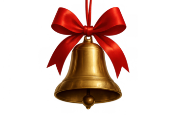 Golden ringing bell with classic red ribbon bow, traditional holiday season decoration on transparent background