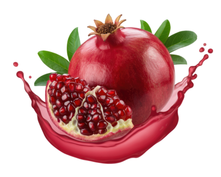 Fresh pomegranate with splash isolated on transparent background, a juicy and healthy fruit