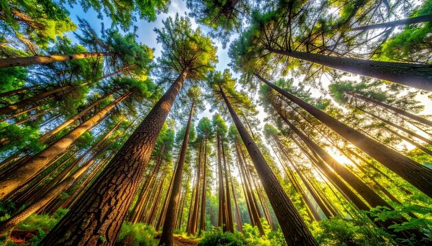 A low-angle view of a dense forest with tall pine trees reaching towards a bright, sunlit sky. - Powered by Adobe