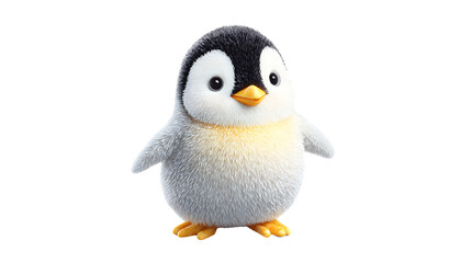 Fototapeta premium Cute fluffy baby penguin chick standing upright, isolated on transparent background
