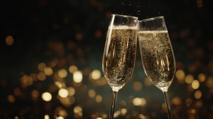 Two champagne glasses clinking against dark background with golden bokeh, new year celebration toast, luxury party drink, sparkling wine bubbles, copy space on left