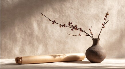 Delicate floral arrangement and antique paper scroll convey a sense of history and timeless beauty