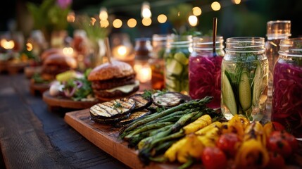 Rustic wooden table served with grilled food and vegetables for garden party, outdoor bbq dining concept, blurred background with lights, appetizing food, copy space