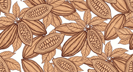 Botanical illustration of cocoa pods and leaves forming a seamless pattern, depicting the plant's fruit and beans in an antique engraved style.