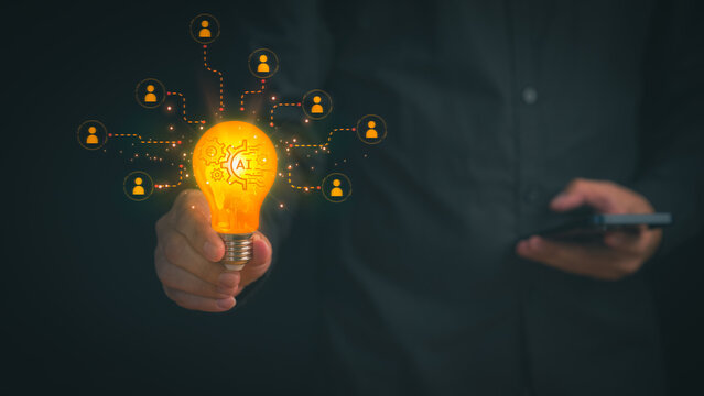 Artificial intelligence innovation concept, person touch a light bulb with AI circuitry and connected user icon, illustrating smart solution, data-driven idea, and digital transformation.