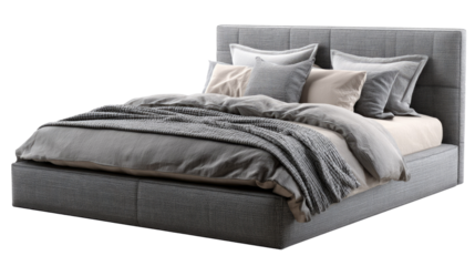 Modern upholstered grey fabric bed with headboard, featuring layered grey bedding, decorative pillows, and a cozy knitted throw blanket. background removed
