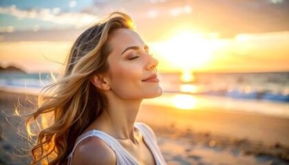 A woman on a sun-drenched beach, hair blowing. Eyes closed, she enjoys the warmth and serenity of a golden sunset