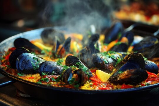 Vibrant seafood paella cooked to perfection in a lively London borough market bursting with flavor and freshness