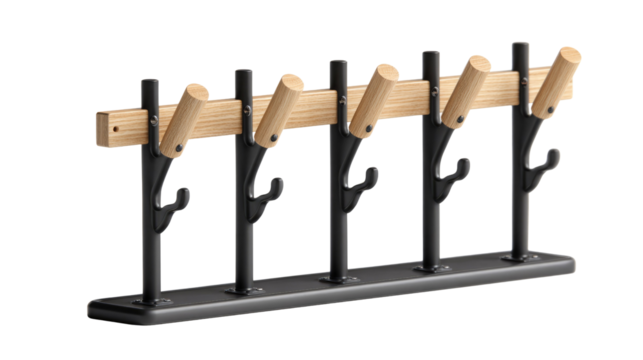 Stylish modern coat rack: six light wood pegs and black metal hooks attached to a wooden rail, resting on a sleek black base. background removed