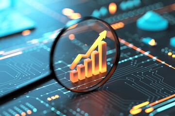 Magnifying glass highlights business growth chart with upward trend. Generative AI analysis financial success stock increase profit investment statistic performance market economy improvement