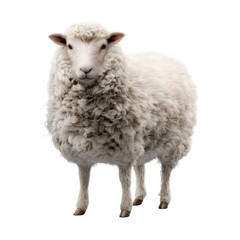 Obraz premium A charming, fluffy white sheep with dense wool stands facing forward against a plain transparent background, its gaze direct and gentle. background removed