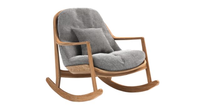 A stylish modern rocking chair with a light wooden frame and comfortable grey fabric upholstery, featuring a matching decorative pillow, isolated on black. background removed