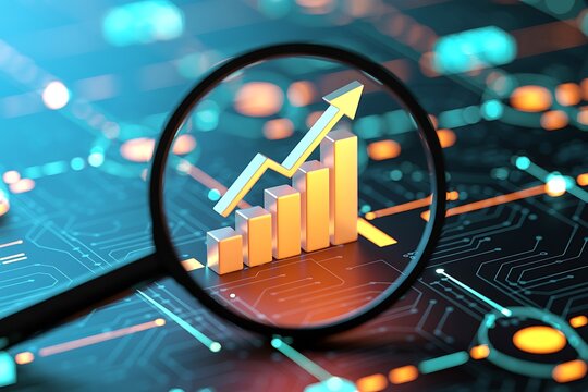 Magnifying glass highlights business growth chart with upward trend. Generative AI analysis financial success stock increase profit investment statistic performance market economy improvement