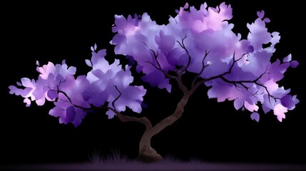 Elegant Purple Tree Silhouette with Leaves against Dark Background