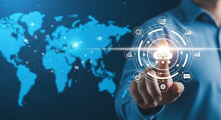 Obraz premium Hand interacting with a cloud computing network and world map interface technology data