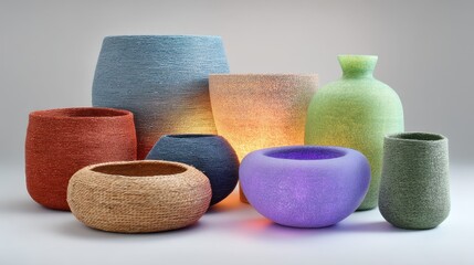 Colorful Textured Vases in Various Shapes and Sizes on Neutral Background