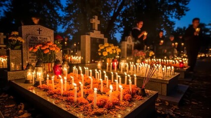 Cemetery scene illuminated by candles and lanterns during a nighttime memorial event with people paying respects