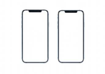 Two modern frameless smartphones with blank white screens isolated on transparent background