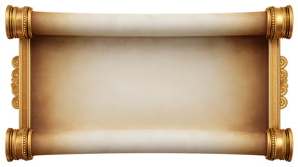 Vintage blank parchment scroll with golden ornate ends, isolated on transparent background
