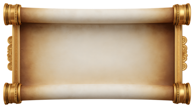 Vintage blank parchment scroll with golden ornate ends, isolated on transparent background