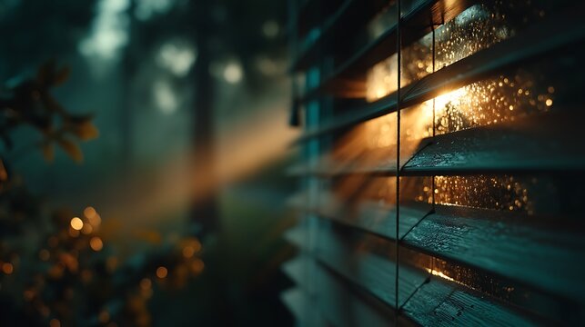 Golden sunlight through rainkissed blinds with serene garden morning scene.