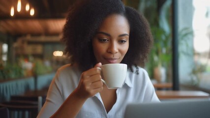 Person enjoying coffee while working on a laptop in a cozy café.