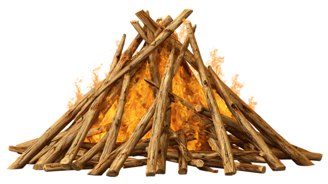Bonfire with burning logs and vibrant flames, creating warmth and light, isolated on transparent background - Powered by Adobe