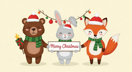 Festive cartoon Christmas animals with holiday cheer: A bear, bunny and fox wearing Santa hats spreading joy and holding a Merry Christmas sign