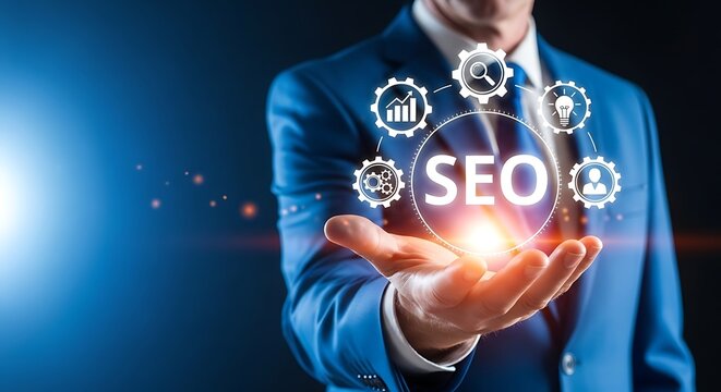 Man holding SEO optimization icons and text in his palm search engine optimization digital marketing