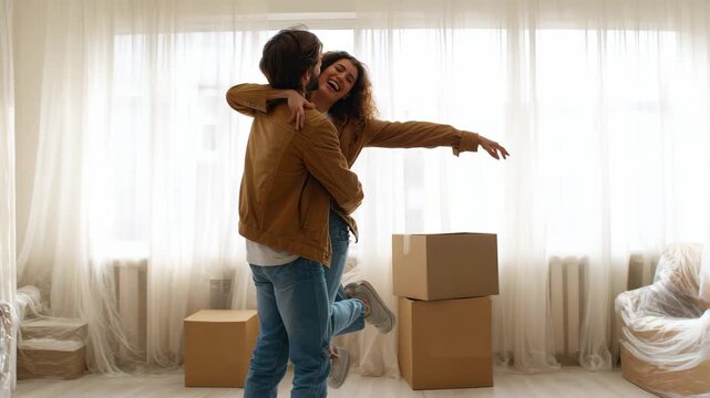 Excited young couple hugging in new home on moving day with cardboard boxes around them, 4K