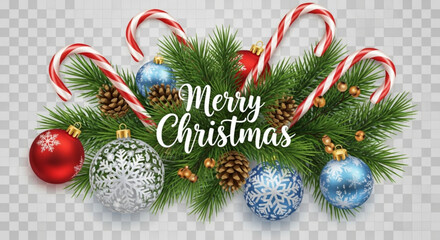 Festive Merry Christmas greeting with pine branches, ornaments, and candy canes for joyous holiday season marketing and seasonal promotions