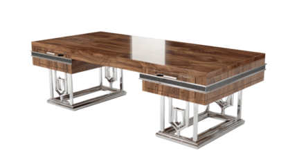 A luxurious Art Deco executive desk featuring a highly polished exotic wood top and sleek chrome geometric base, showcasing elegant design and craftsmanship. background removed