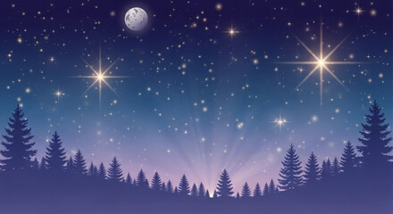Naklejka premium Enchanting night scene with twinkling stars, bright moon, and silhouetted evergreen trees creating a serene and magical winter wonderland landscape