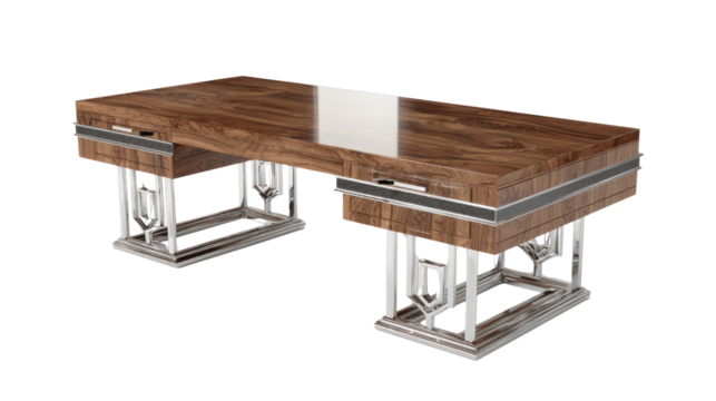 A luxurious Art Deco executive desk featuring a highly polished exotic wood top and sleek chrome geometric base, showcasing elegant design and craftsmanship. background removed