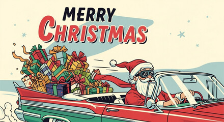Santa Claus delivers gifts in a classic car, spreading Christmas cheer and joy with a vintage vibe, perfect for holiday cards and festive designs