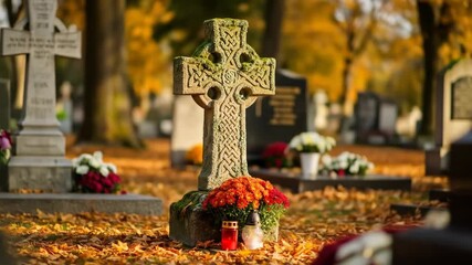 Ancient stone Celtic cross monument in a peaceful cemetery during autumn with colorful fallen leaves and flowers - Powered by Adobe