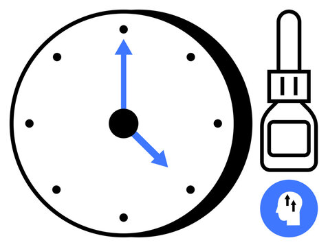 Healthcare reminder concept. Clock and eye drops timely eye care routines. Healthcare adherence and routine medical practices supported. For health apps, medical tools, visual education, personal