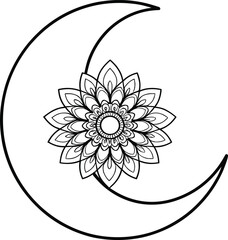 PrintElegant crescent moon with intricate mandala flower design, detailed line art illustration for coloring pages, boho decorative artwork and spiritual themes