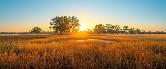 Golden Sunrise Over Marshland Serene Nature Landscape with Warm Colors.