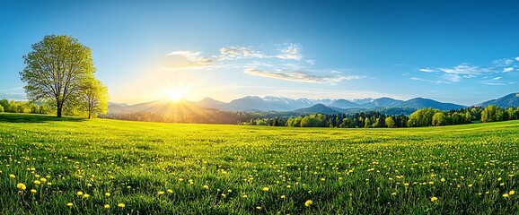 Golden Sunrise over Lush Meadow with Mountains with Scenic Nature Landscape, and Spring Day.